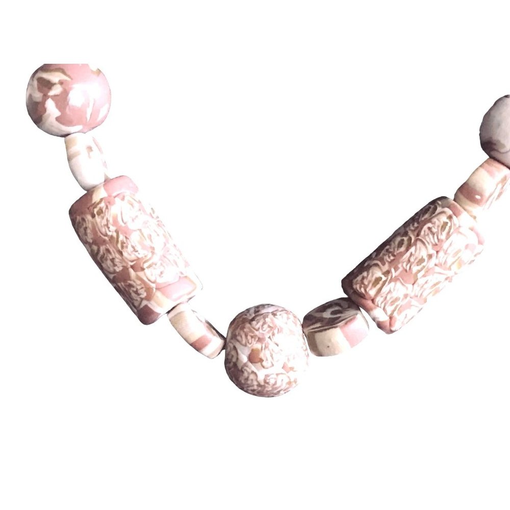 Chunky Handmade Polymer Clay Bead Necklace Rose Brown Tan Cream Calico - Picture 4 of 6